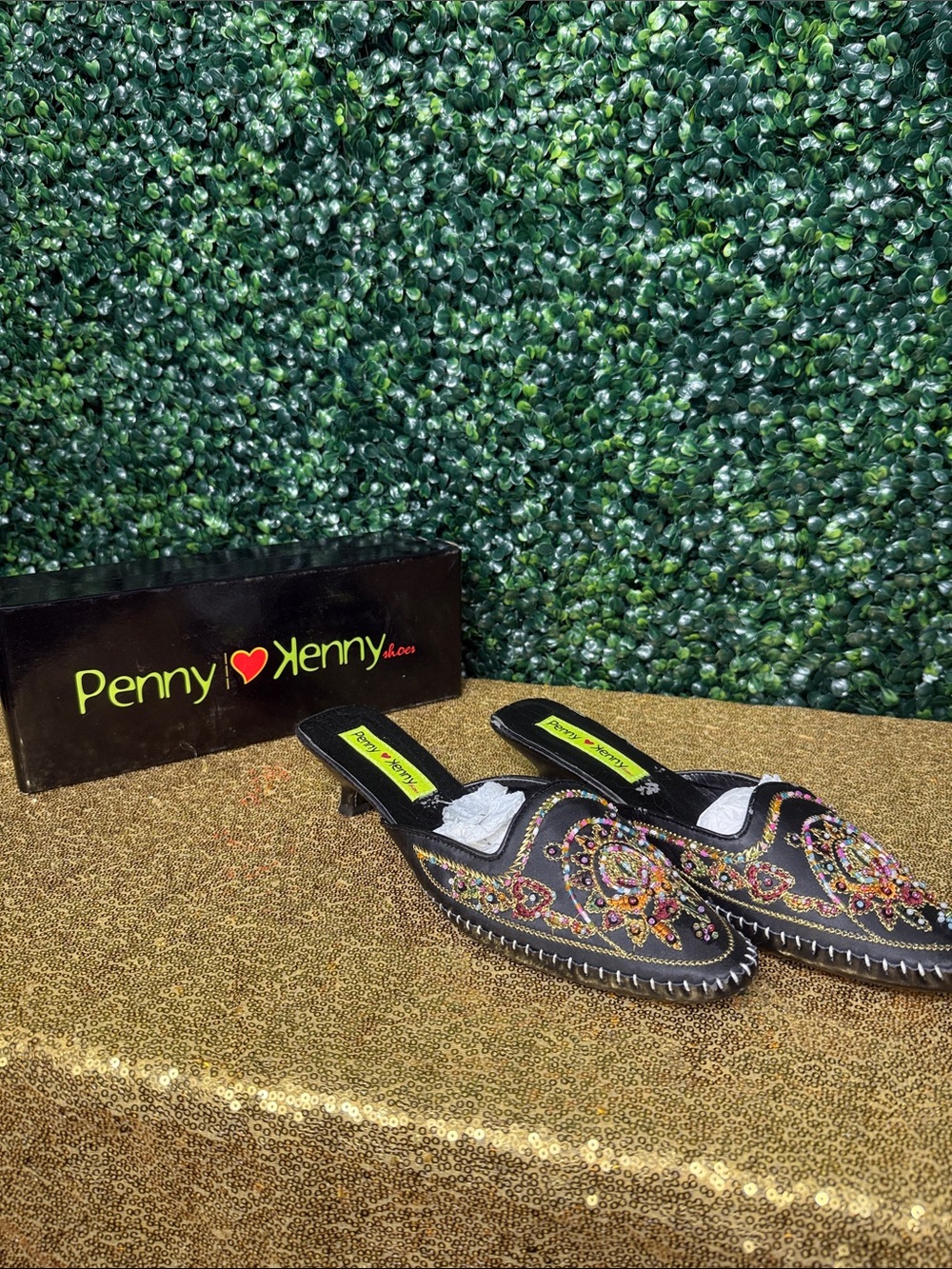 Penny Loves Kenny Black Beaded Embroidered Kitten-Heel Mules